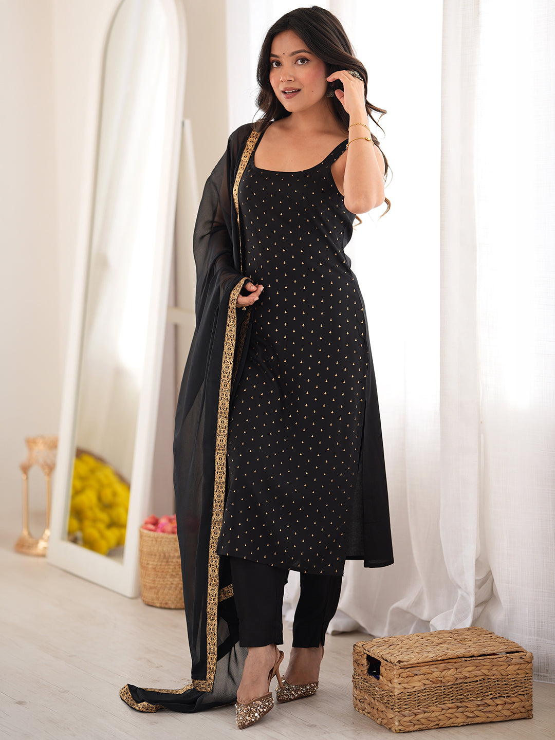 Black Rayon Foil Printed Straight Kurta Set