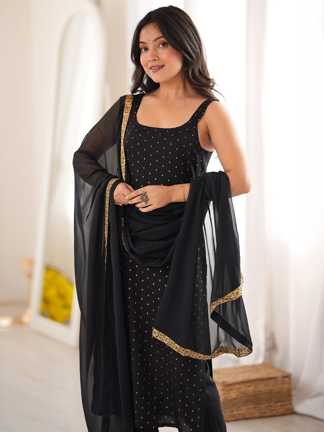 Black Rayon Foil Printed Straight Kurta Set