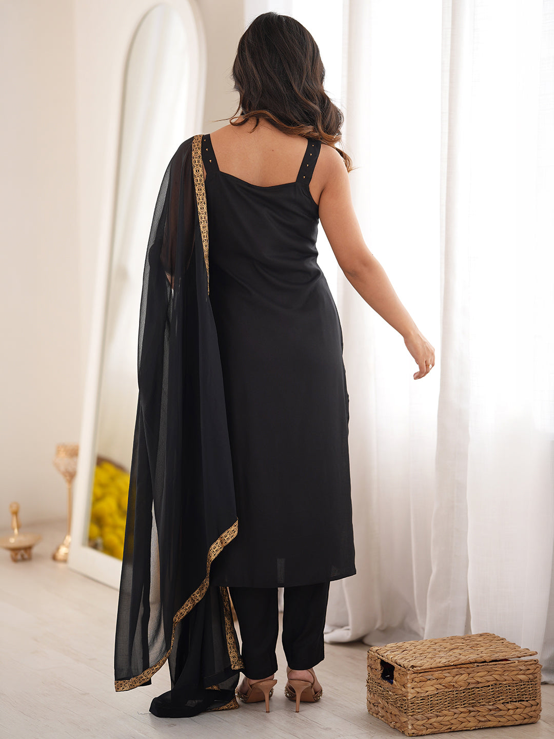 Black Rayon Foil Printed Straight Kurta Set