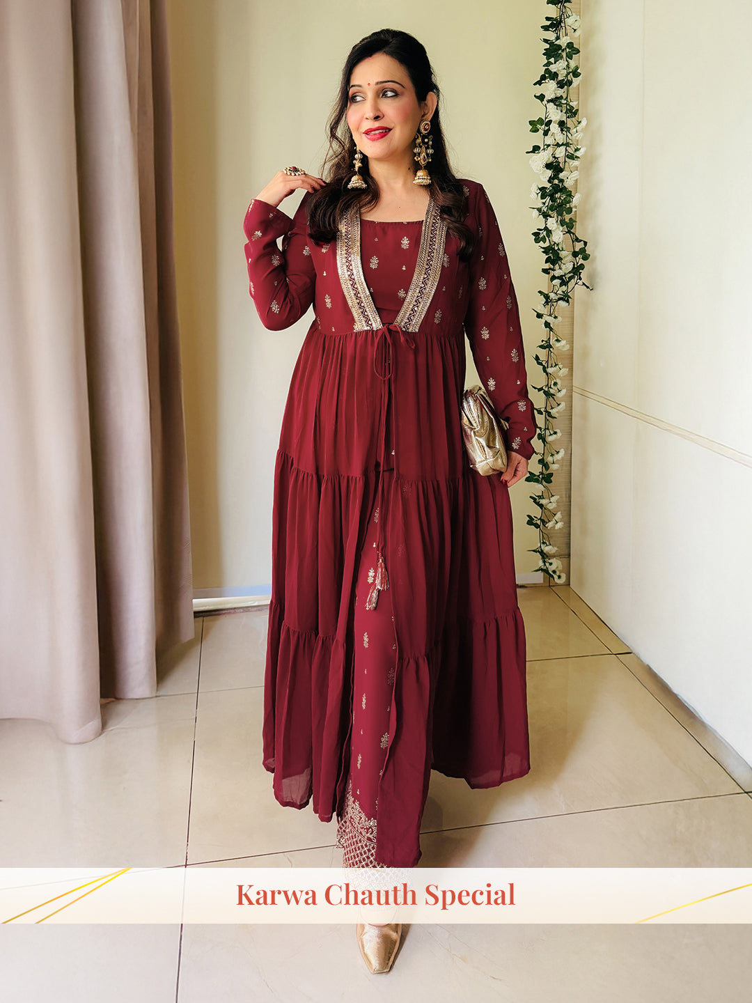 Janasya Women's Maroon Georgette Embellished Foil Printed Front-open Tiered Kurta Pant Set