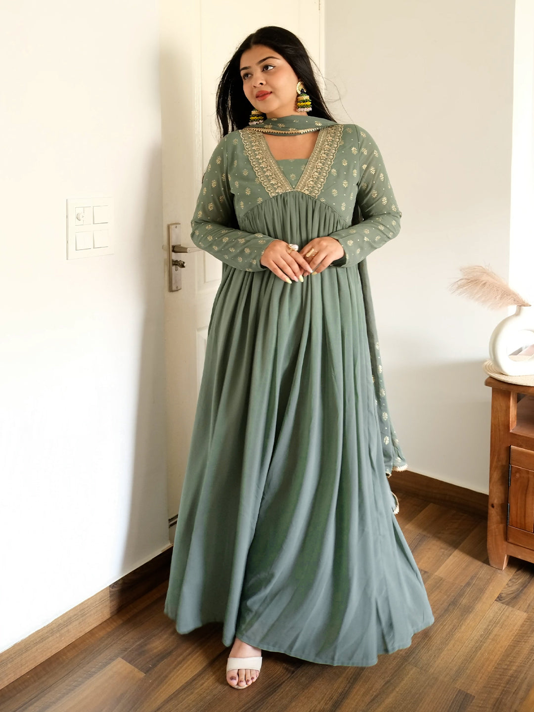 Janasya Women's Sage Green Georgette Embellished Foil Printed Gathered Kurta With Dupatta Set