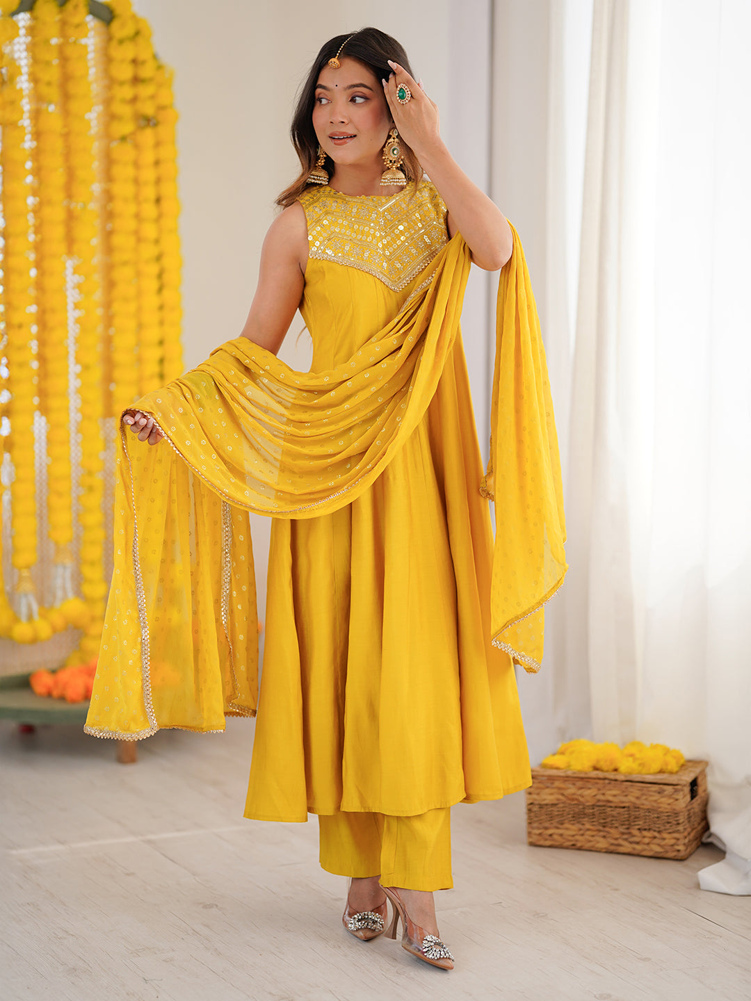 Janasya Women Yellow Chanderi Silk Embellished Anarkali Kurta Set With Dupatta