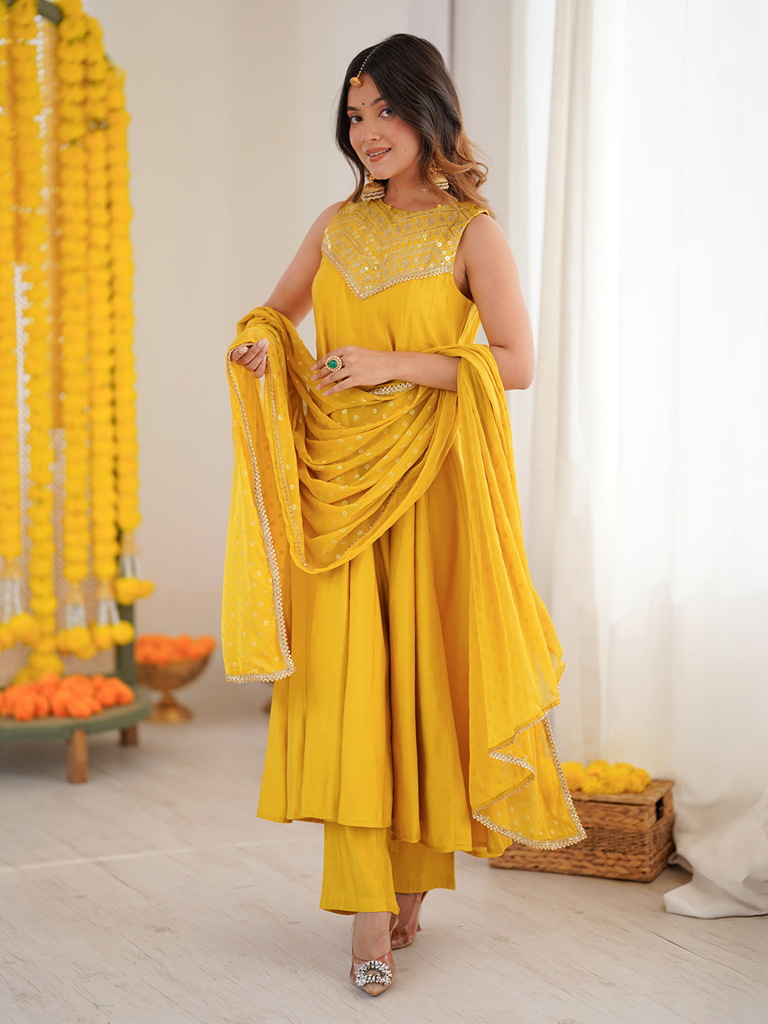 Janasya Women Yellow Chanderi Silk Embellished Anarkali Kurta Set With Dupatta