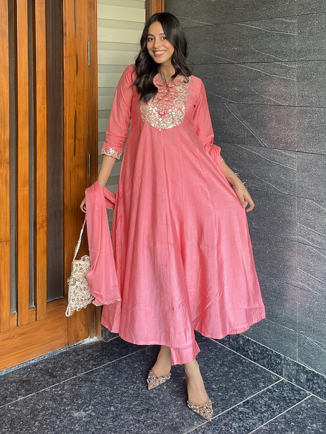 Janasya Women's Light Pink Chanderi Silk Zari Yoke Embroidered Anarkali Kurta Set