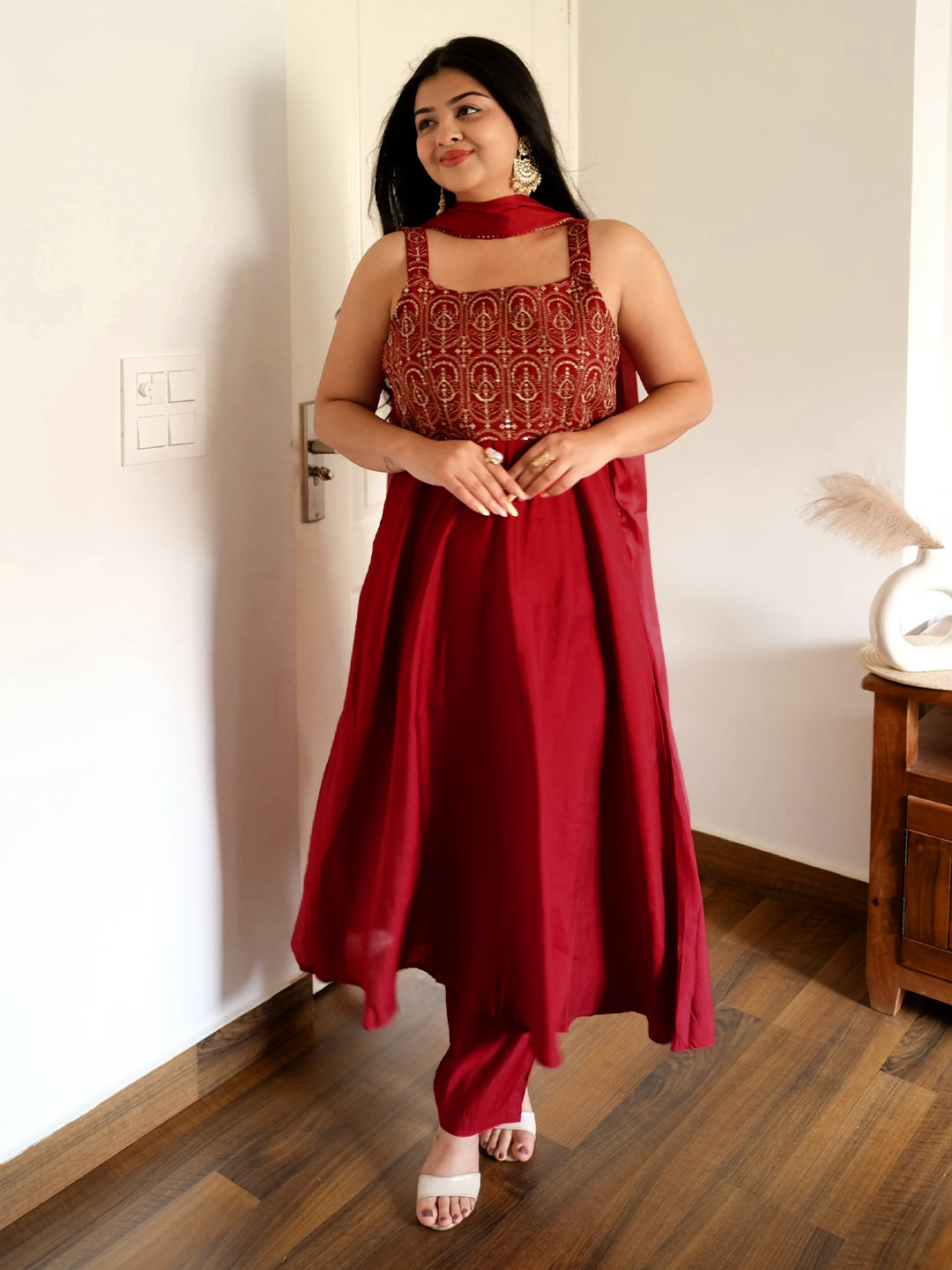 Janasya Women's Maroon Chanderi Silk Zari Embroiderd A-line Kurta Set