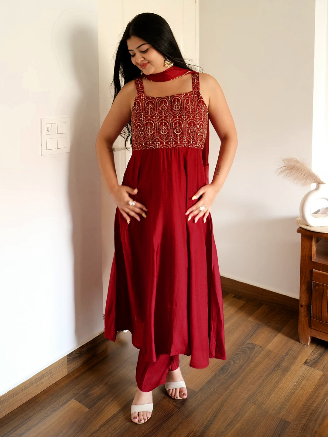 Janasya Women's Maroon Chanderi Silk Zari Embroiderd A-line Kurta Set