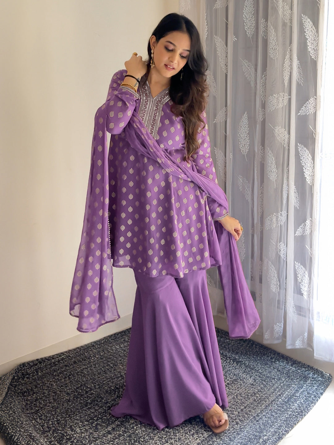 Janasya Women's Purple Georgette Embellished Gold Printed A-line Kurta With Sharara & Dupatta Set