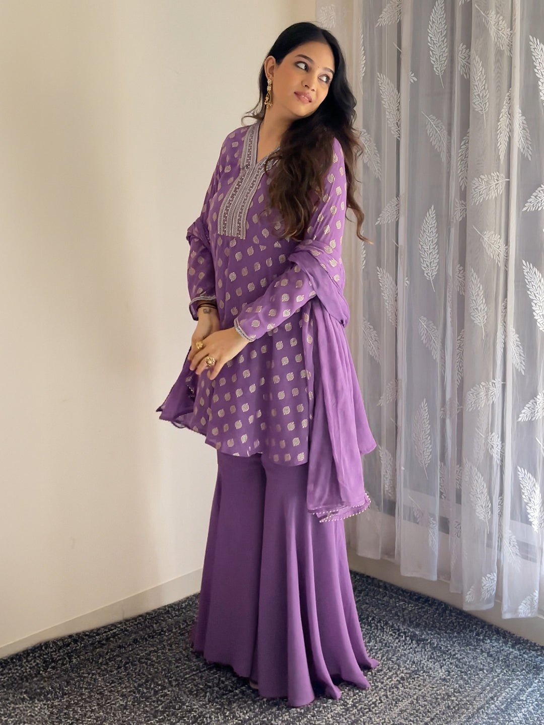 Janasya Women's Purple Georgette Embellished Gold Printed A-line Kurta With Sharara & Dupatta Set
