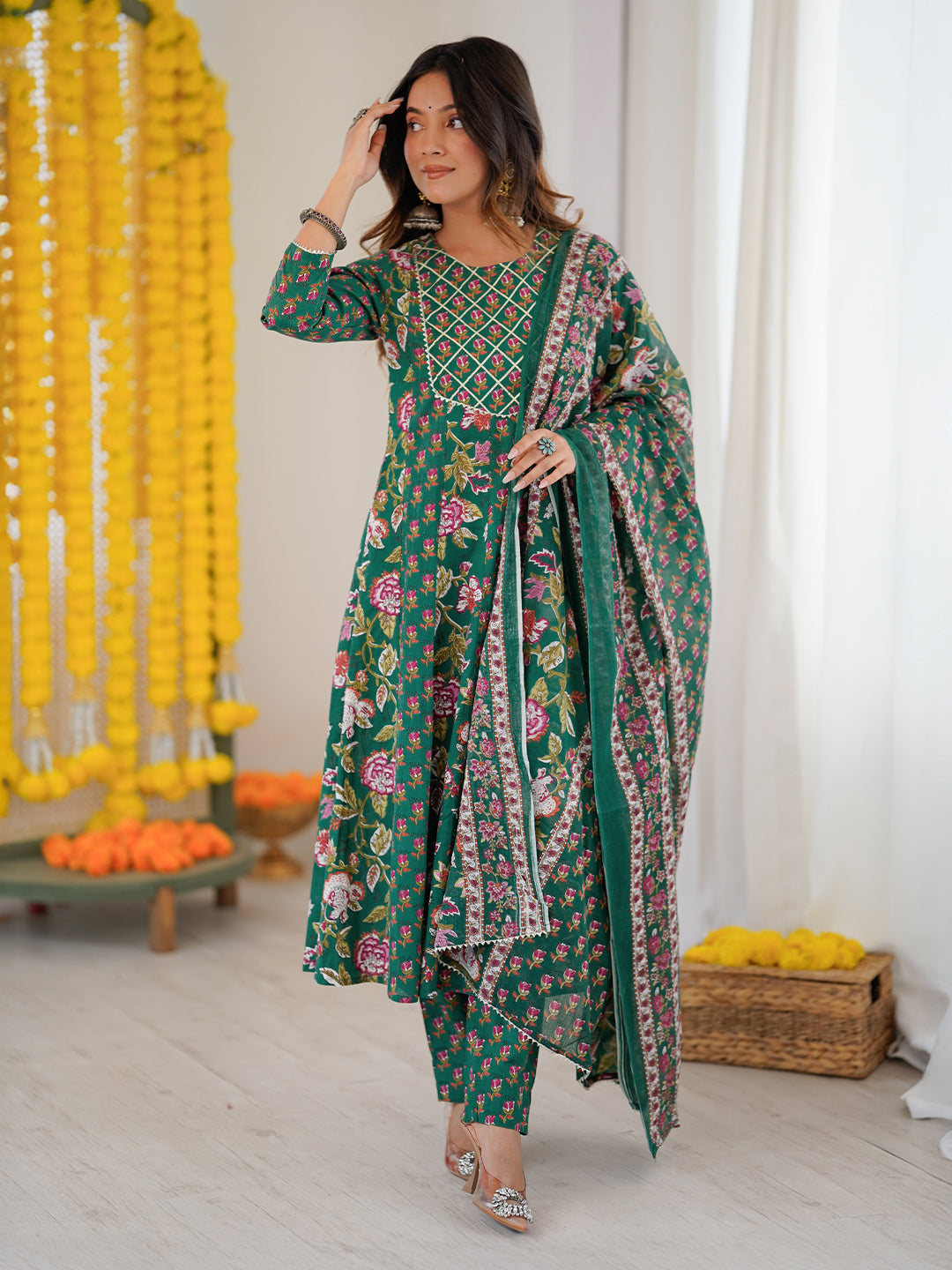 Janasya Women's Green Pure Cotton Floral Printed Yoke Design Anarkali Kurta Set