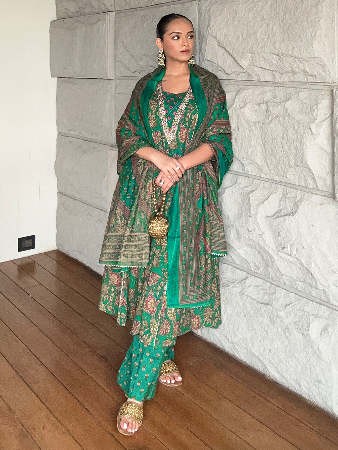 Janasya Women's Dark Green Pure Cotton Floral Printed Yoke Embroidered A-line Kurta Set