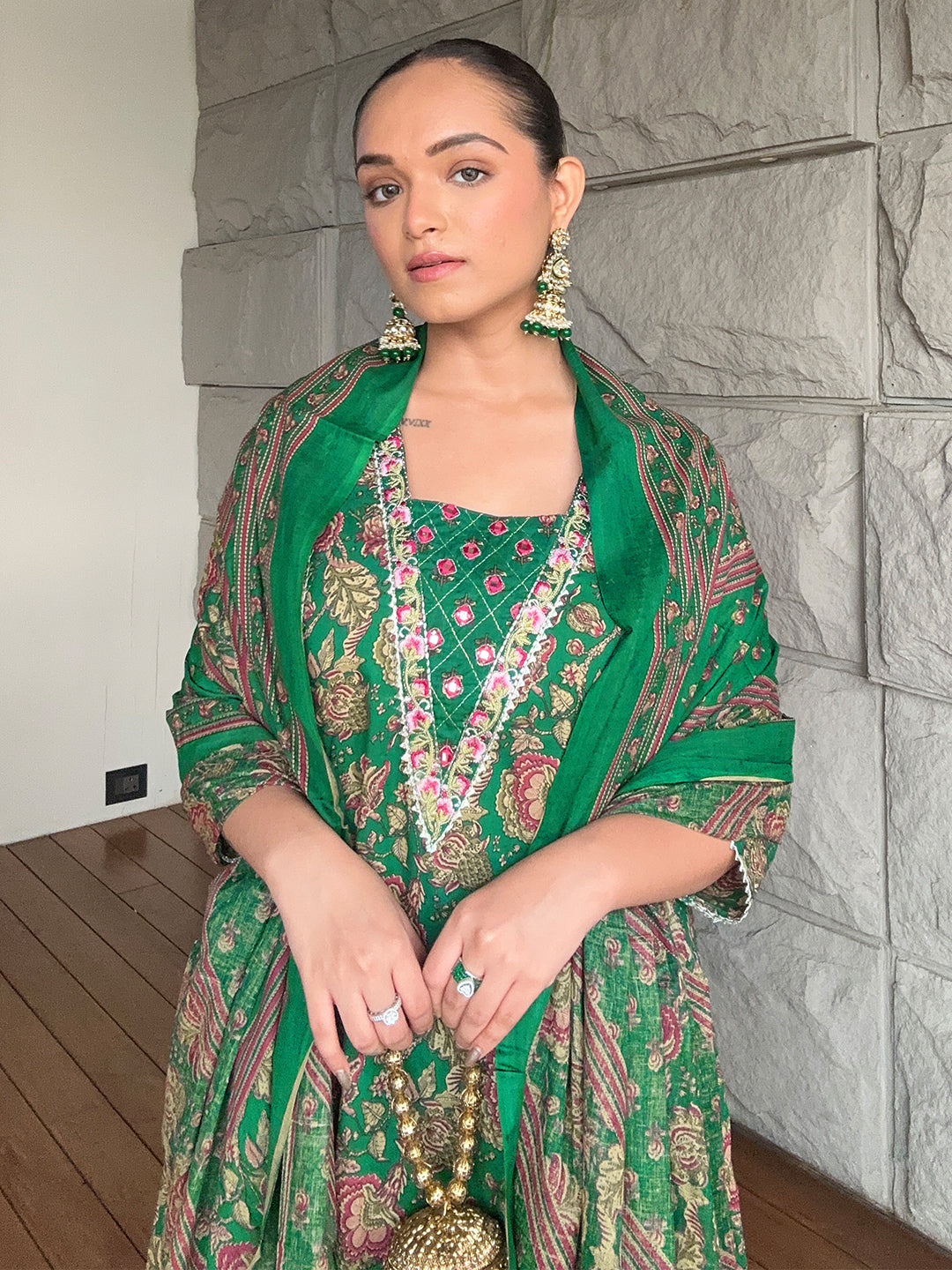 Janasya Women's Dark Green Pure Cotton Floral Printed Yoke Embroidered A-line Kurta Set
