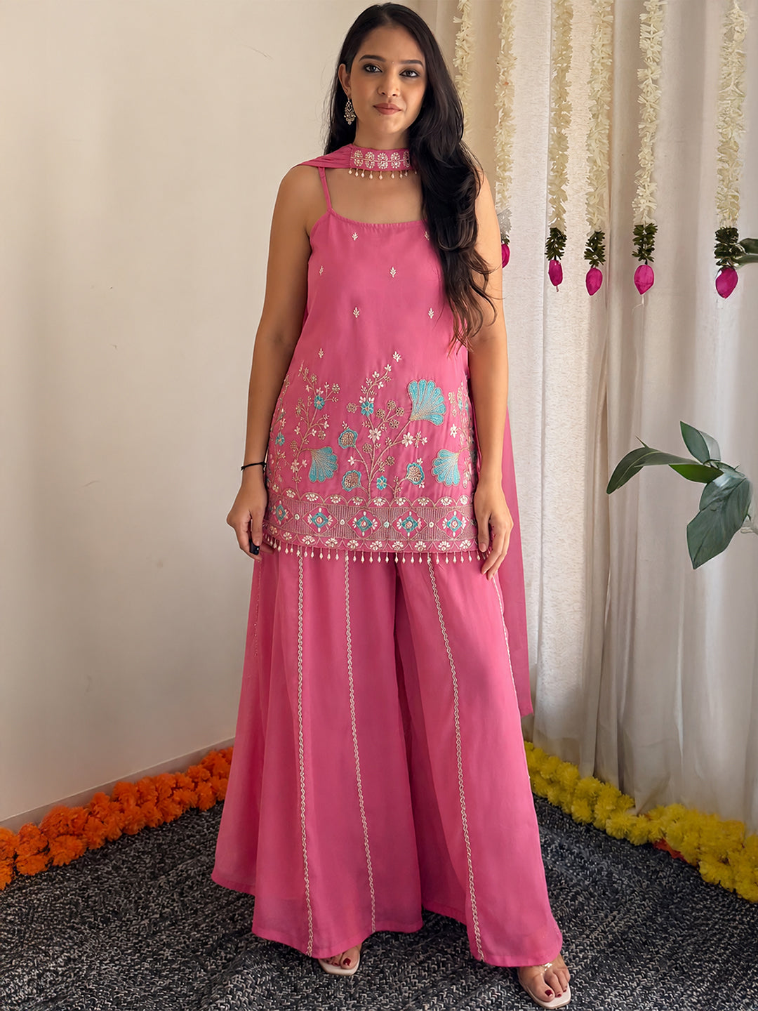 Janasya Women's Pink Georgette Floral Beads Zari Embroidered Straight Kurta with Sharara and Choker Dupatta Set