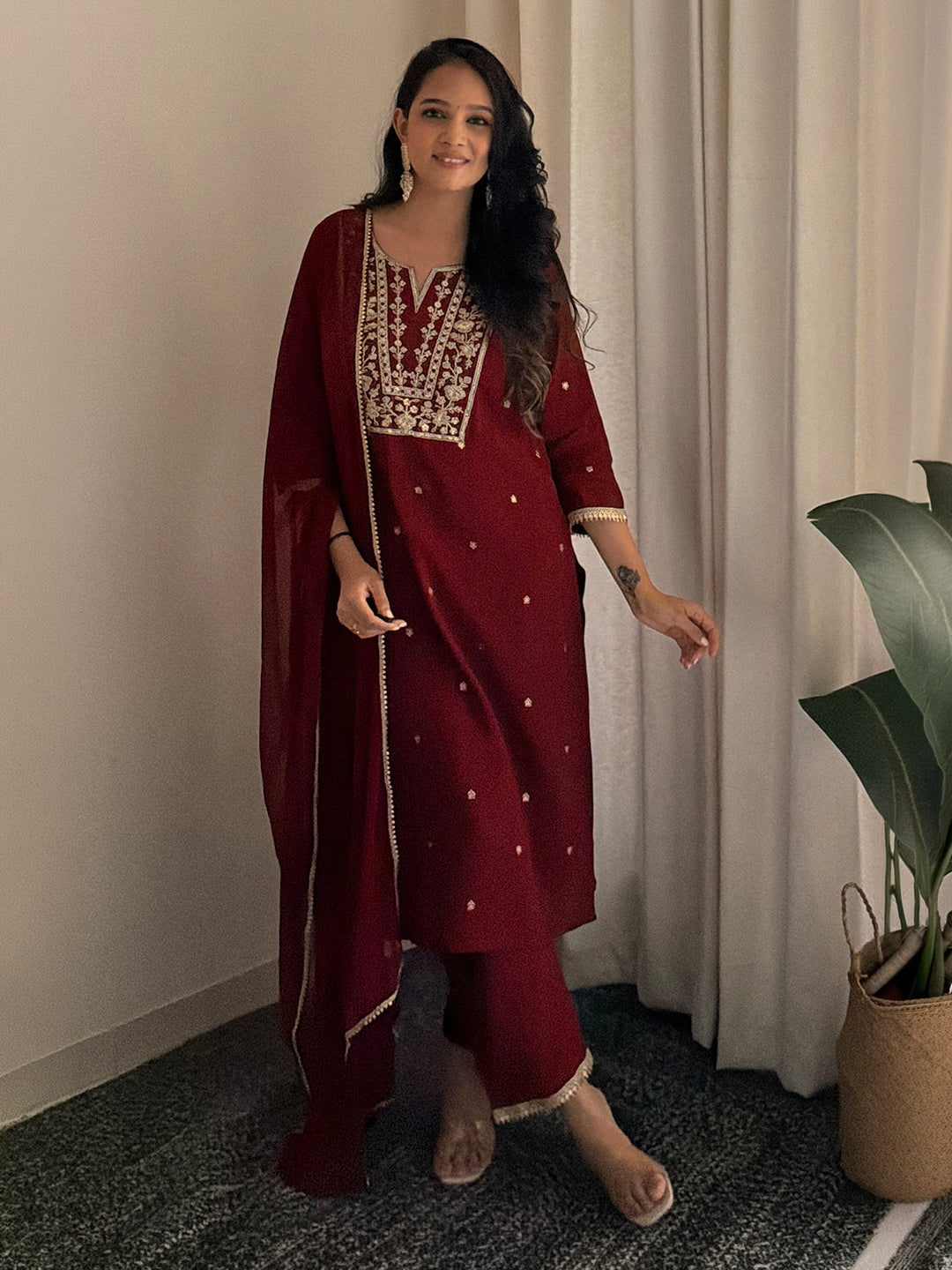 Janasya Women's Maroon Chanderi Silk Floral Embroidered Foil Print Straight Kurta Set