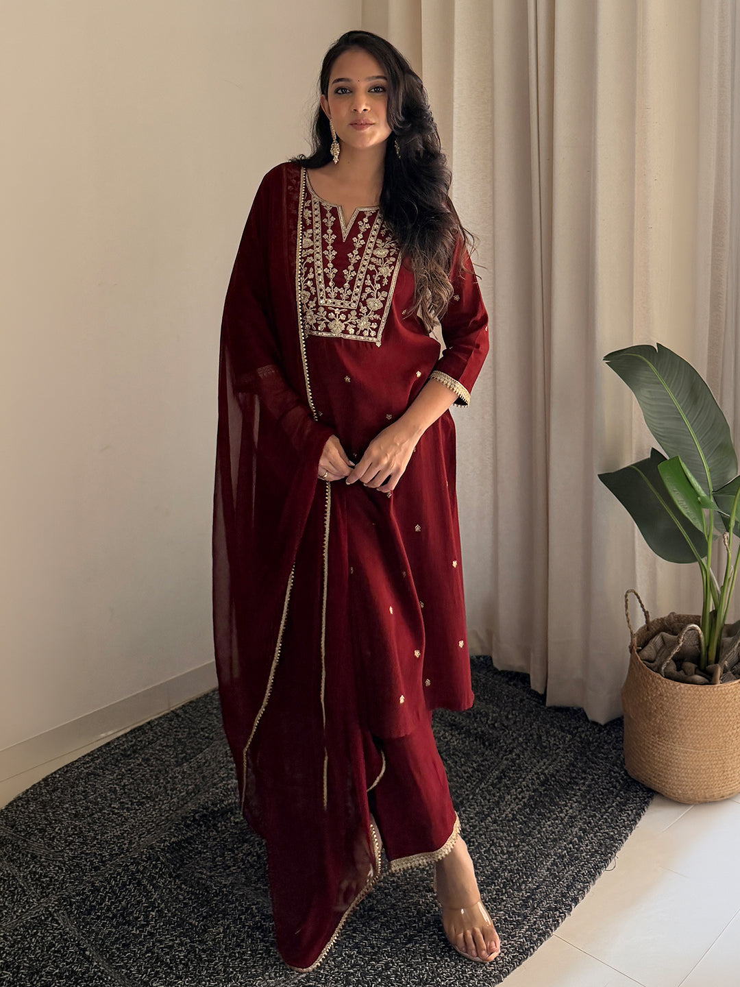 Janasya Women's Maroon Chanderi Silk Floral Embroidered Foil Print Straight Kurta Set