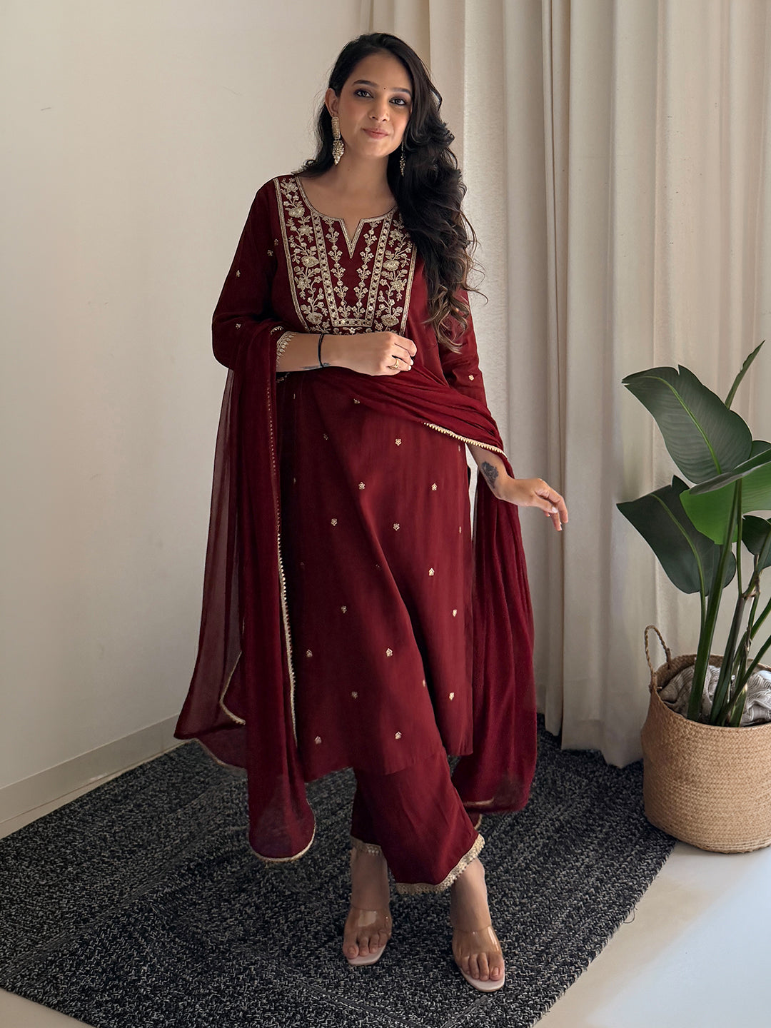 Janasya Women's Maroon Chanderi Silk Floral Embroidered Foil Print Straight Kurta Set