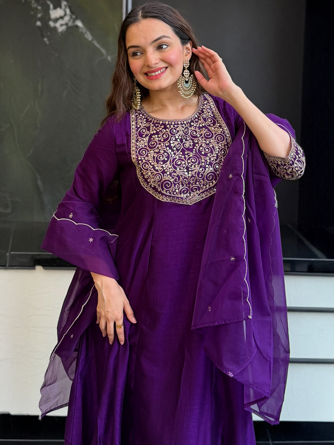Janasya Women’s Purple Silk Blend Zari Embroidered Anarkali Kurta Set