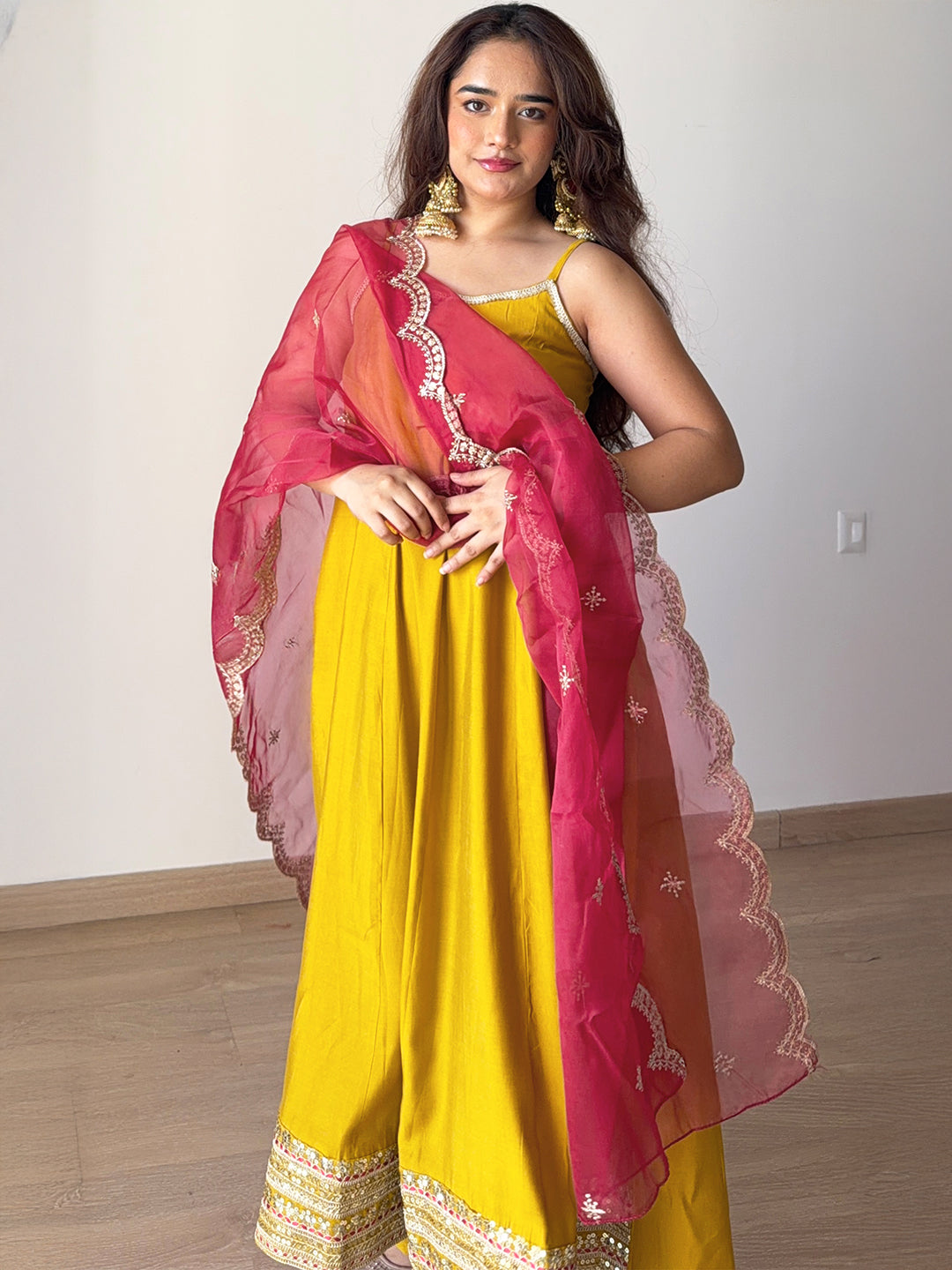 Janasya Women's Mustard Chanderi Silk Embellished Anarkali Kurta Set