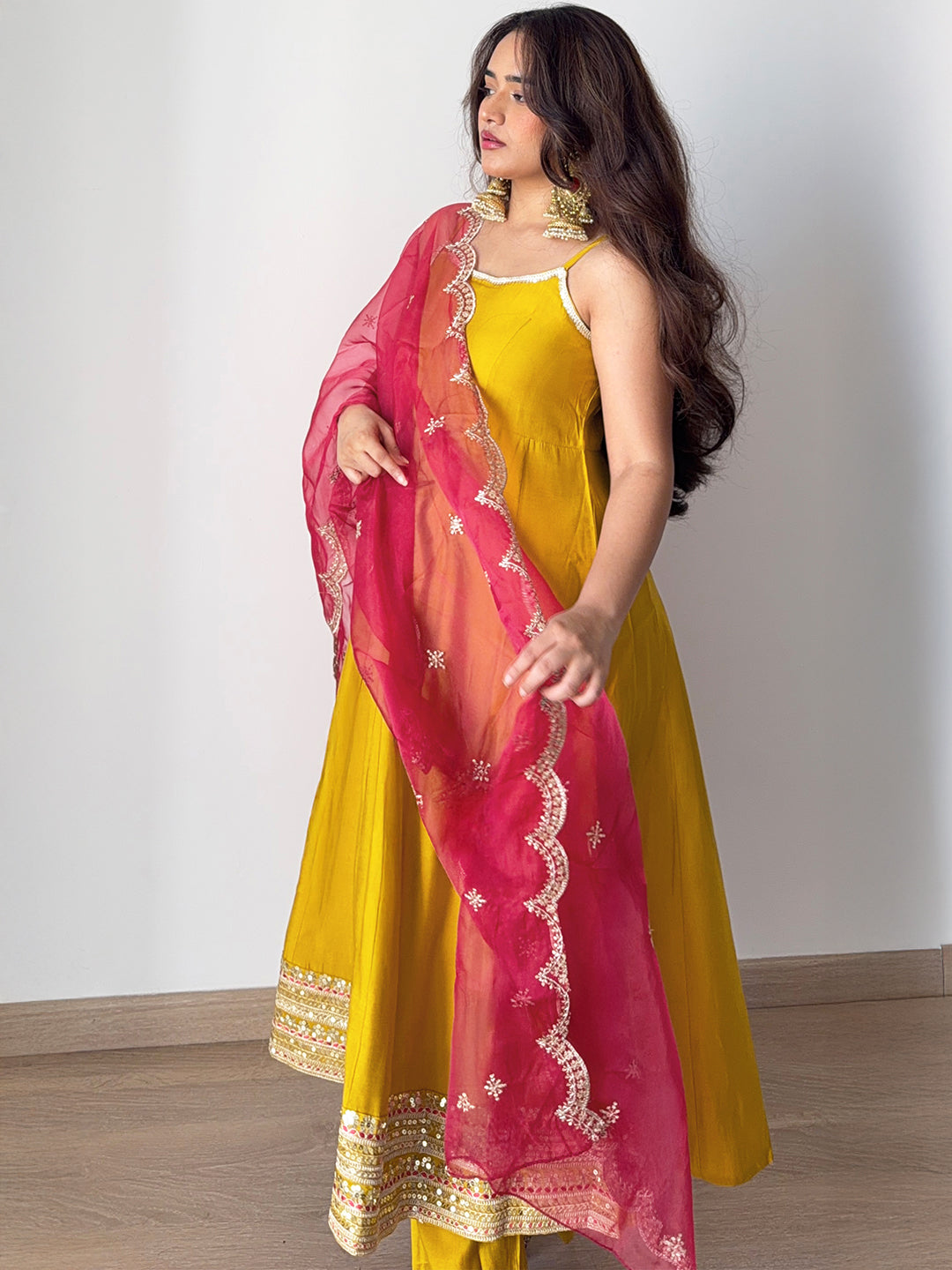 Janasya Women's Mustard Chanderi Silk Embellished Anarkali Kurta Set