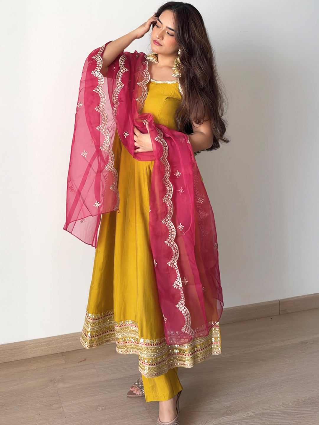 Janasya Women's Mustard Chanderi Silk Embellished Anarkali Kurta Set