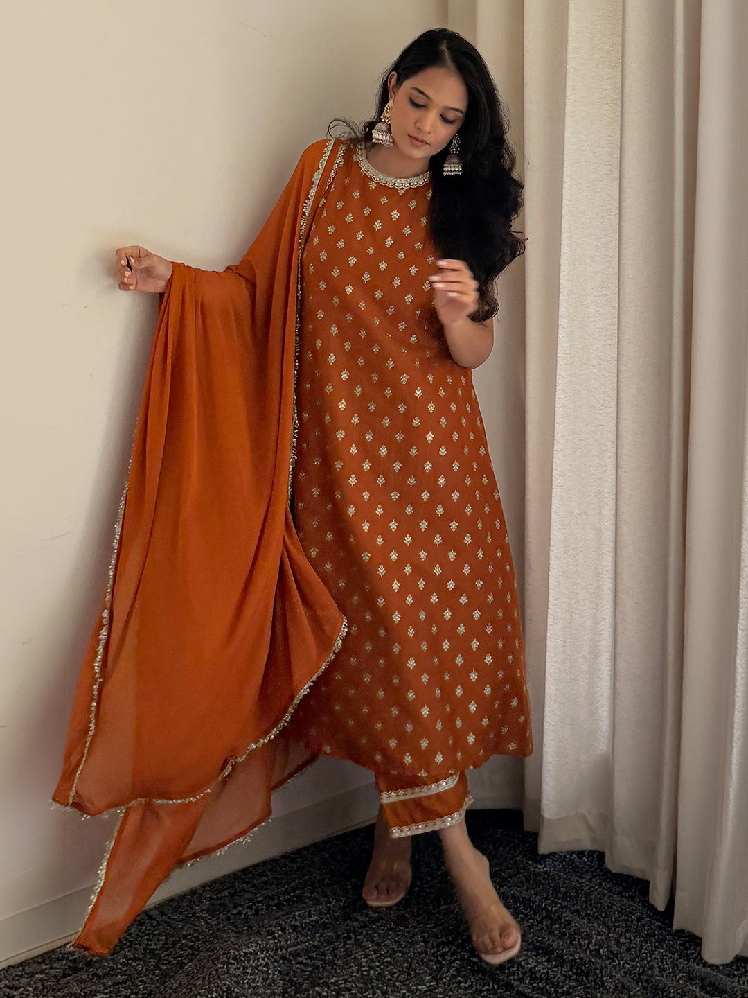 Janasya Women's Rust Brown Silk Blend Embellished Foil Printed A-Line Kurta Set