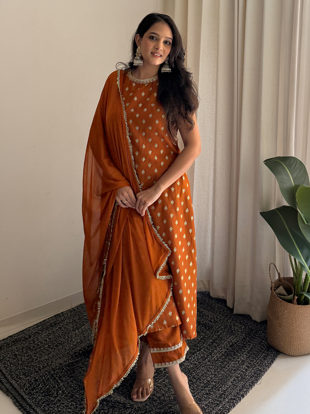 Janasya Women's Rust Brown Silk Blend Embellished Foil Printed A-Line Kurta Set