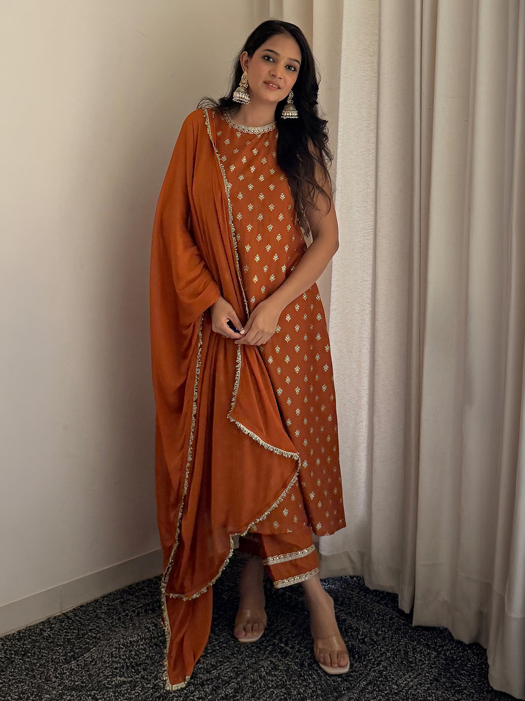 Janasya Women's Rust Brown Silk Blend Embellished Foil Printed A-Line Kurta Set