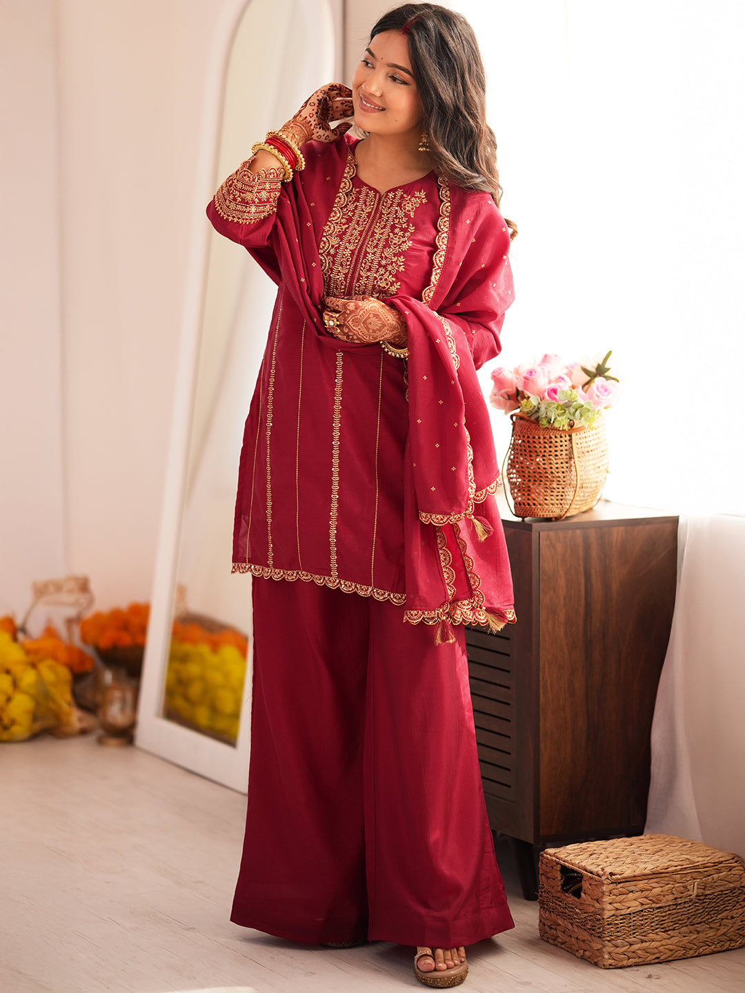 Janasya Women's Maroon Silk Blend Zari Embroidered Straight Kurta with Palazzo and Dupatta Set