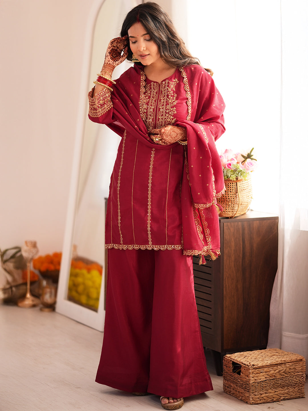 Janasya Women's Maroon Silk Blend Zari Embroidered Straight Kurta with Palazzo and Dupatta Set