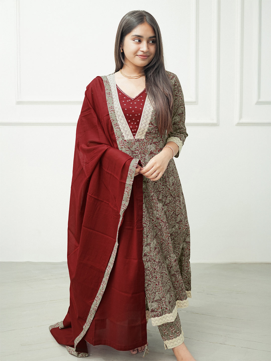 Sage Green Pure Cotton Floral Printed Anarkali Kurta Set