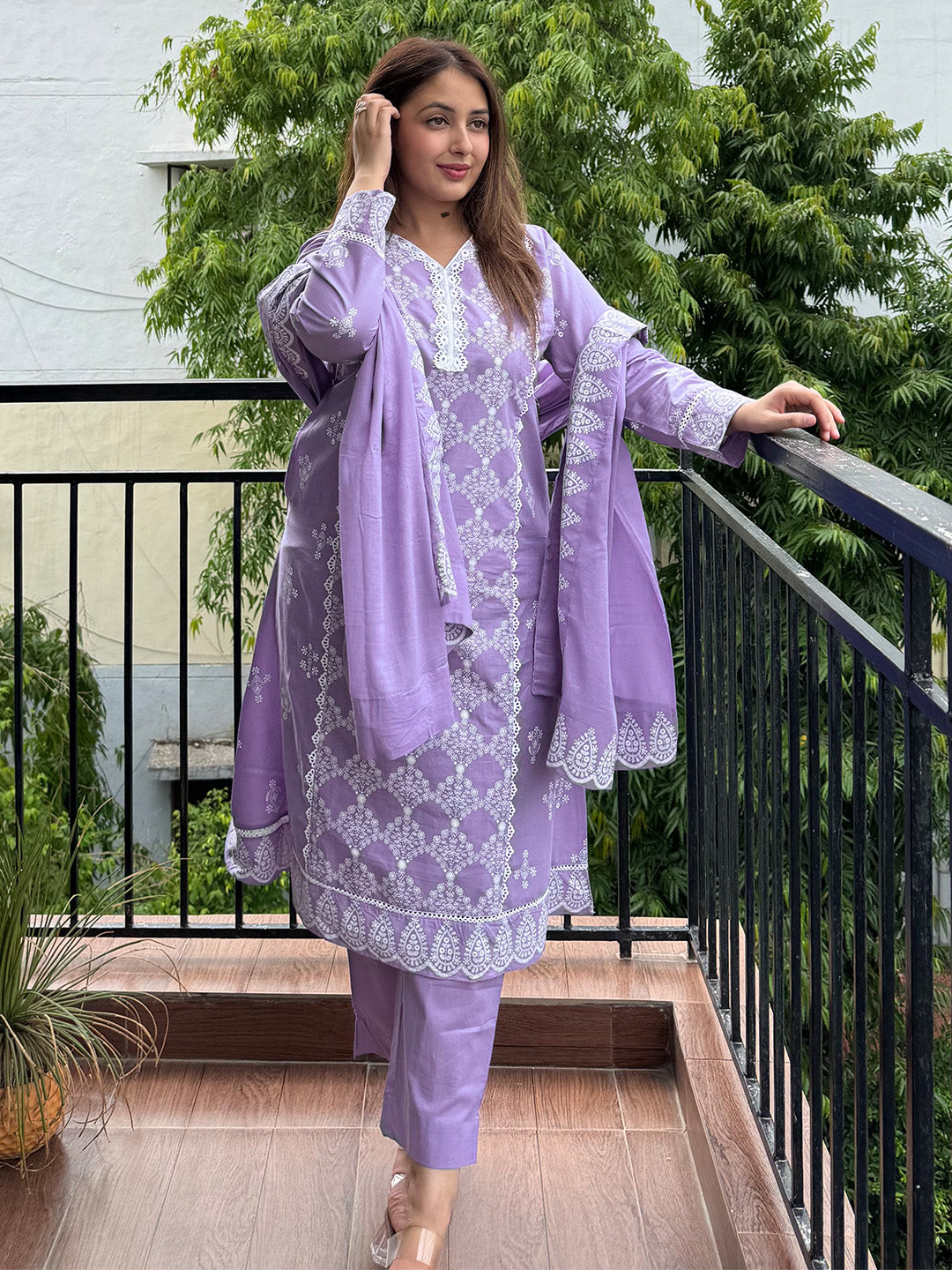 Lavender Pure Cotton Ethnic Motifs Printed A-line Kurta Set