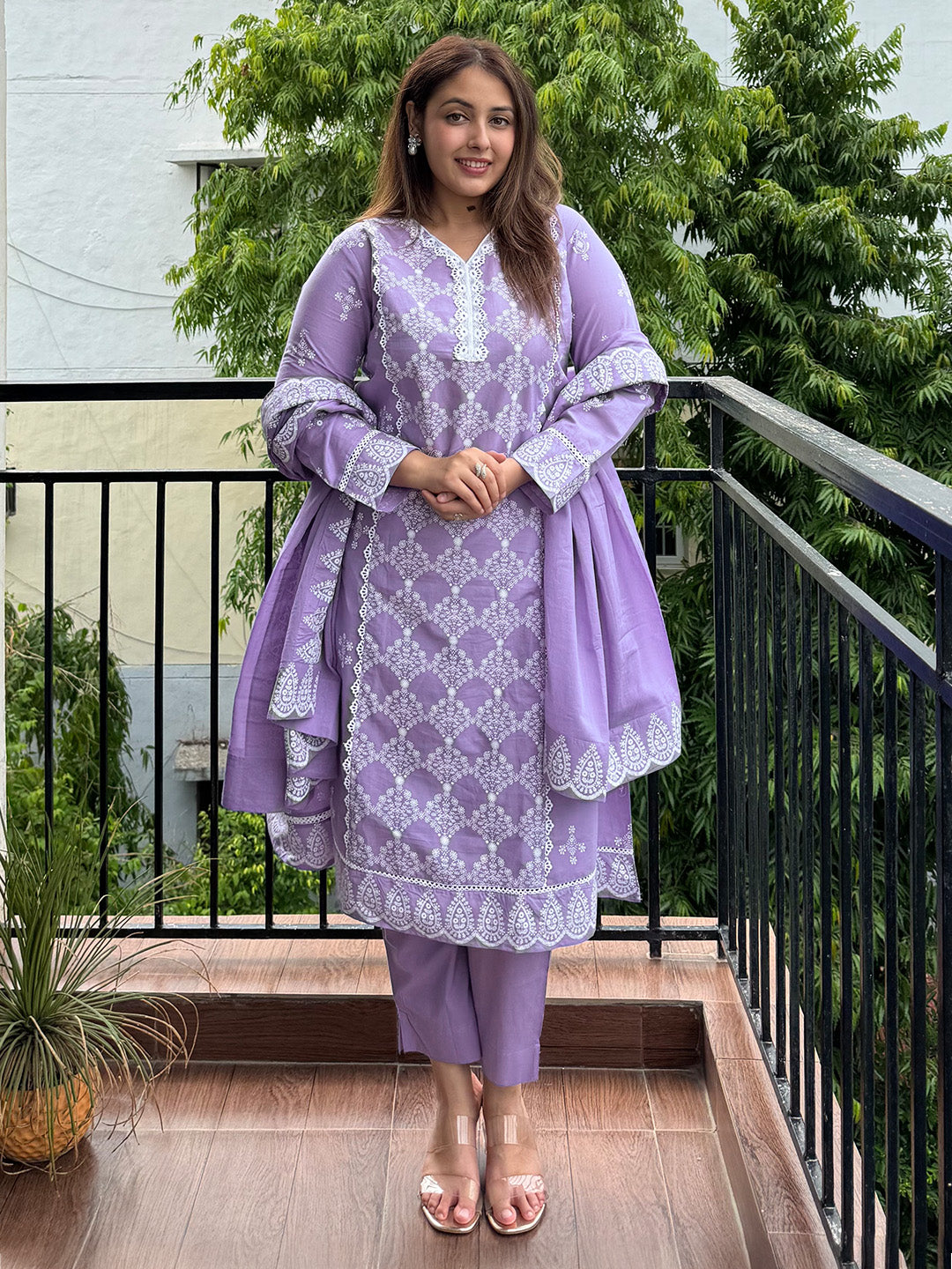 Lavender Pure Cotton Ethnic Motifs Printed A-line Kurta Set