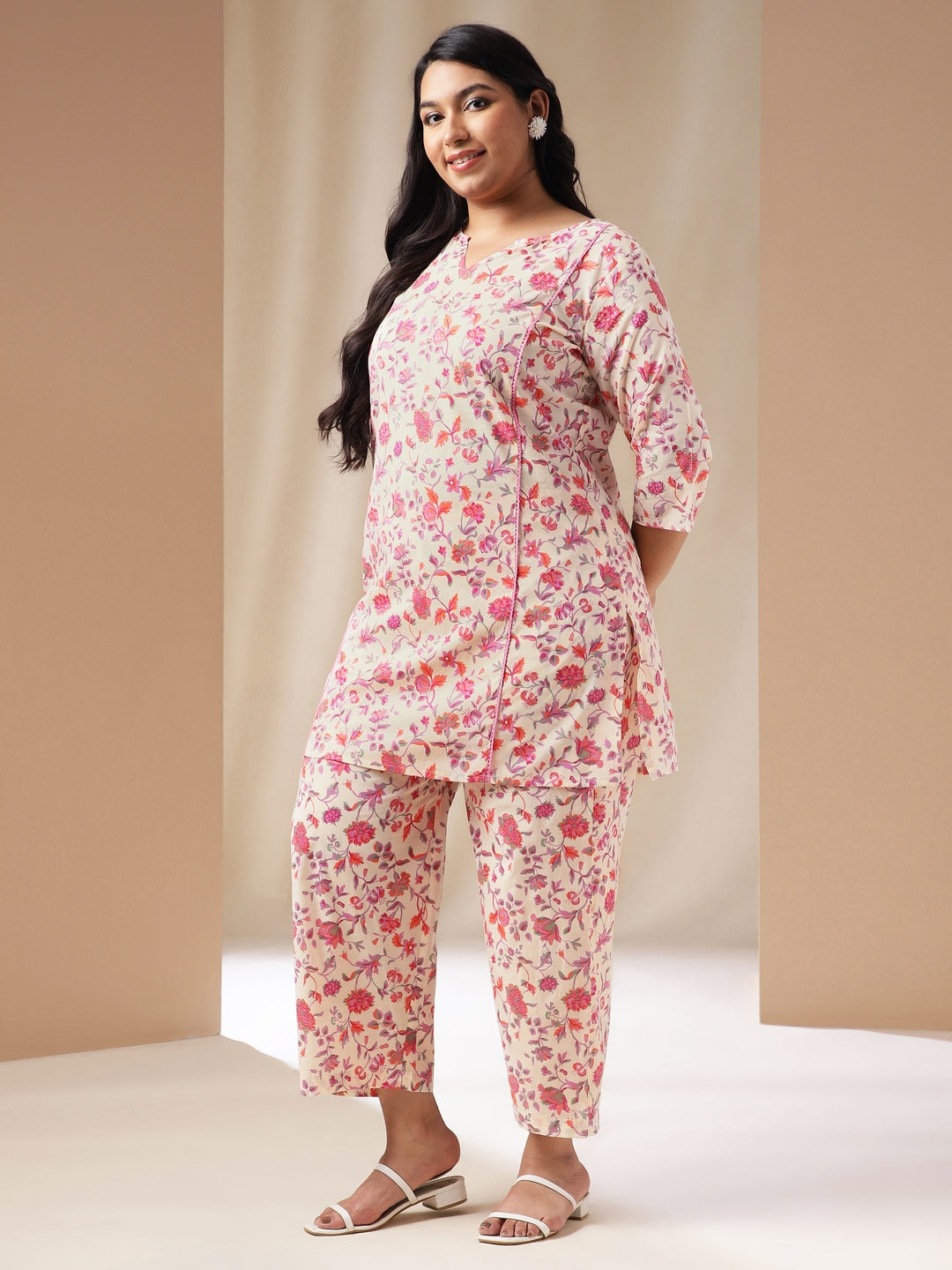 Plus Size Cream Cotton Floral A-Line Co-ord Set