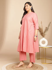 Plus Size Pink Cotton Jacquard Self Desgin A-Line Co-Ord Set