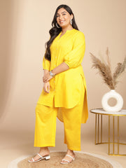 Plus Size Yellow Dobby Cotton Self Design High-Low Scarf Set