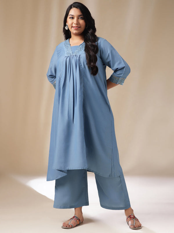 Blue Muslin Yoke Embroidery Panelled Kurta Set