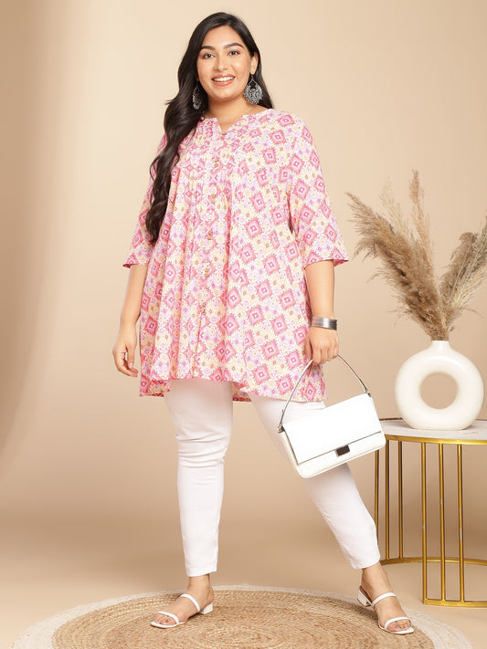 Plus Size Pink Cotton Ikkat Pleated Tunic