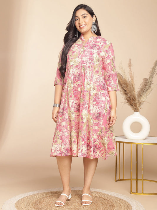 Plus Size Pink Cotton Abstract Gathered Dress
