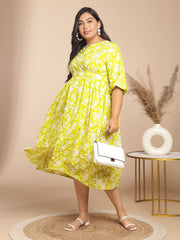 Plus Size Lime Cotton Floral Gathered Dress