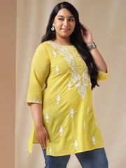 Plus Size Yellow Cotton Chikankari Regular Tunic