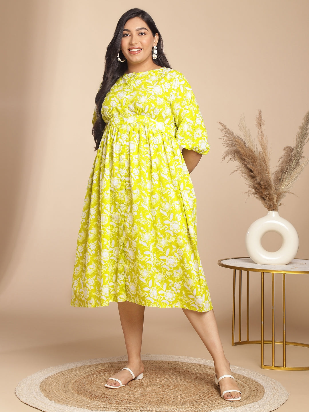 Plus Size Lime Cotton Floral Gathered Dress Plus Size Lime Cotton Floral Gathered Dress