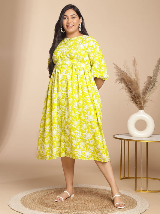 Plus Size Lime Cotton Floral Gathered Dress