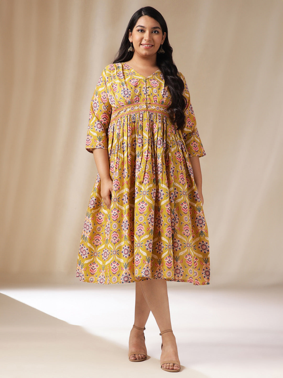 Plus Size Mustard Cotton Ethnic Motif A-Line Dress