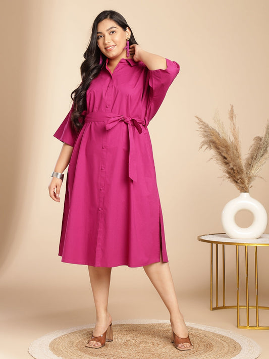 Plus Size Pink Poplin Solid Shirt Style Dress