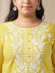 Plus Size Yellow Cotton Chikankari Regular Tunic