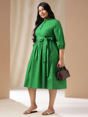 Plus Size Green Poplin Solid Fit & Flare Dress
