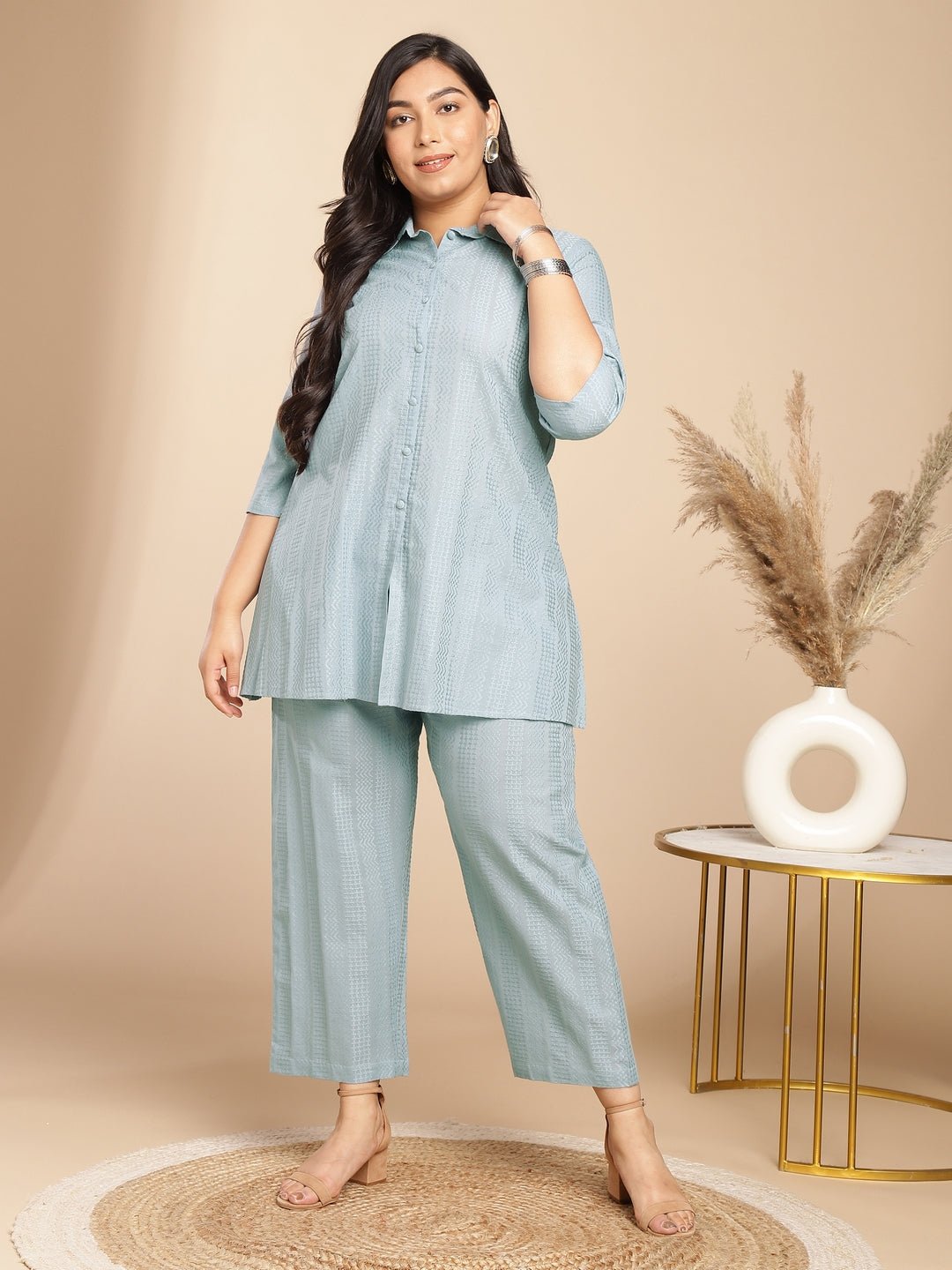 Light Blue Cotton Jacquard Self Design Shirt Co-ord Set