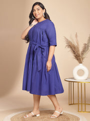 Plus Size Blue Poplin Solid Flared Dress