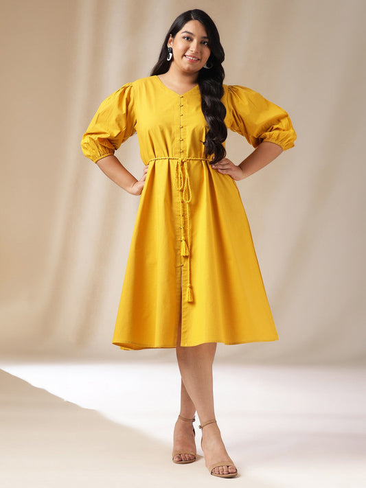 Plus Size Yellow Poplin Solid A-Line Dress