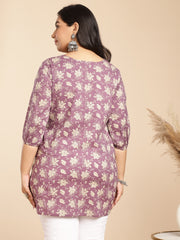 Plus Size Purple Cotton Floral Regular Tunic