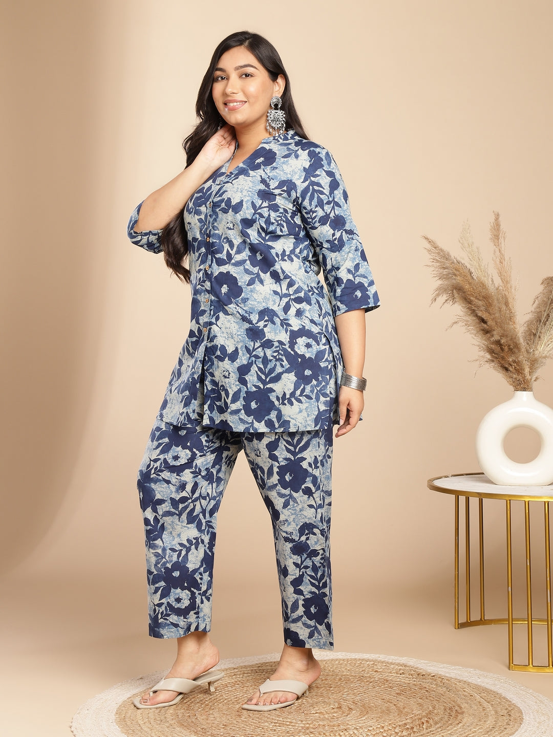 Plus Size Indigo Cotton Floral A-Line Co-ord Set